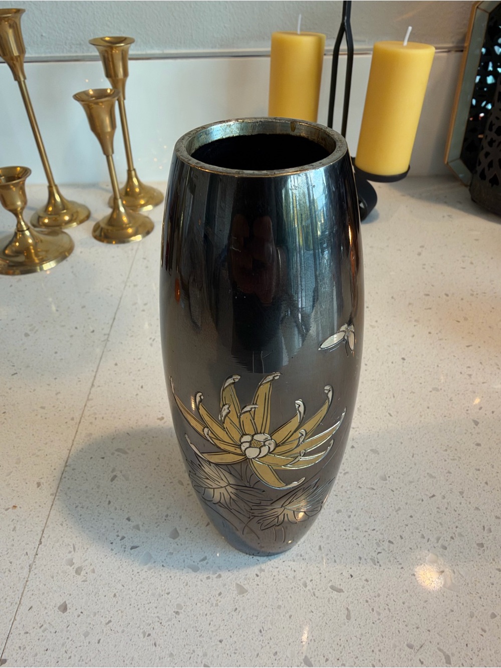 Brass Black and Gold Floral Ceramic Vase - Home Accents